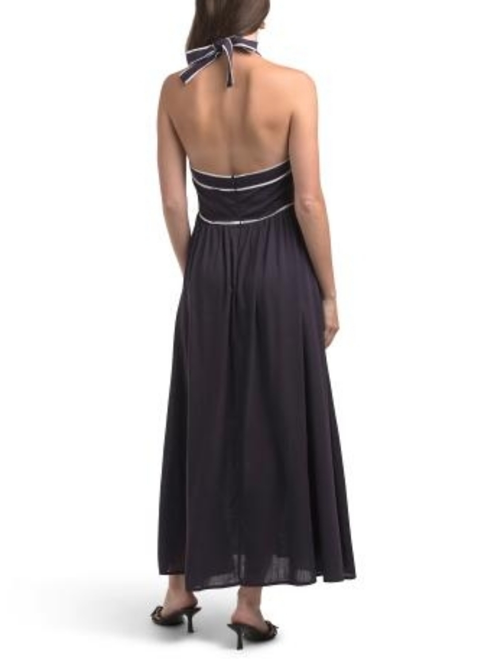 NWT - White Closet Linen Blend Navy Contrast Trim Halter Midi Dress - Size 14 - Picture 2 of 14